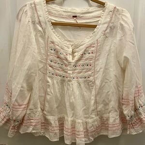 Free People Cream Blouse with Embroidery